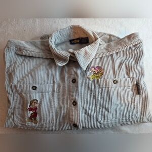 Kids Light Gray Corduroy Button-Up Shirt with Embroidered Characters